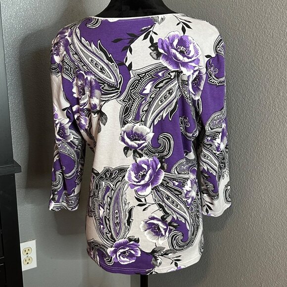 Karen Scott Womens Top XL Purple White Floral Paisley Print 3/4 Sleeve Blouse - Picture 5 of 8